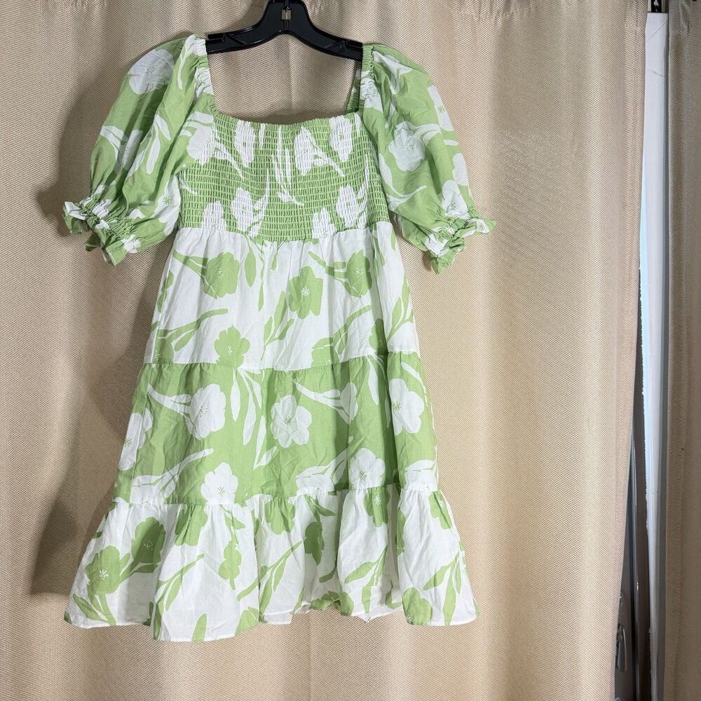 Sabo Xyla Mini Dress Green White XS Cotton Smocked Lined Zip Boho Resort Cottage